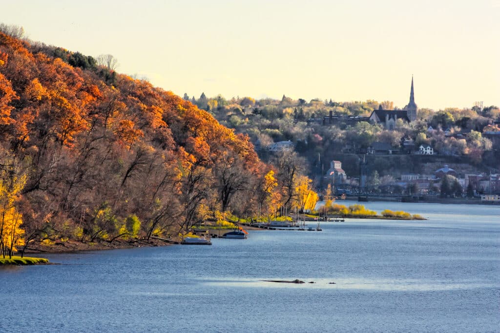 The bluffs along the St. Croix River in Stillwater, MN. This view from our hotel is one of the reasons we are one of the top Stillwater Wedding Venues.